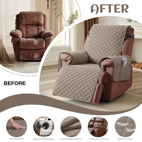 Image of KinCam 100% Waterproof Recliner Chair Cover, Reclining Couch Covers for Pets, Dogs, Recliner Couch Slipcover Furniture Protector with Elastic Straps for Kids(23.6 inch, Taupe)