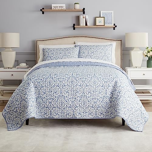 Waverly Dashing Damask Soft All Season Lightweight 3 Piece Quilt Bedspread Set, King, Porcelain #TOP5
