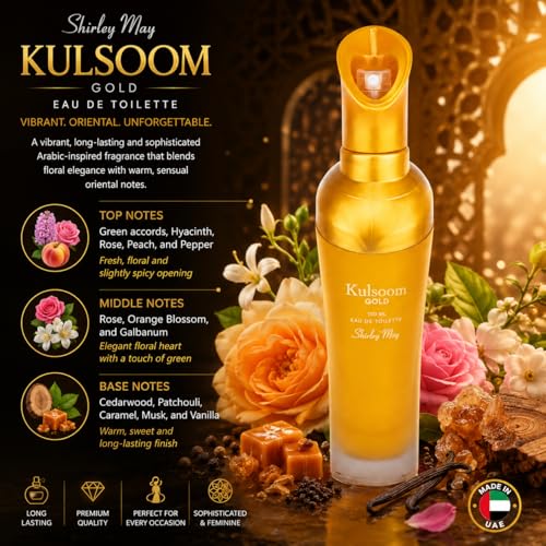 Image of Shirley May Kulsoom Gold EDT 100 ml for Women | Long Lasting Floral Fruity Sweet Perfume | Rose Vanilla Musk Patchouli Fragrance | Premium UAE Perfume