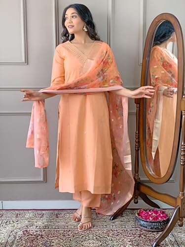 Image of Naixa Women's Viscose Embroidered Straight Kurta with Pant and Dupatta Sets (R-Dolly)