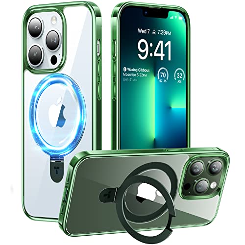 TORRAS Magnetic UPRO™ Ostand for iPhone 13 Pro Max Case [Compatible with MagSafe] Adjustable Stand [Never Yellow] [MIL-Grade Protection] for iPhone 13 Pro Max, 6.7'', Clear Back +Green Edge
