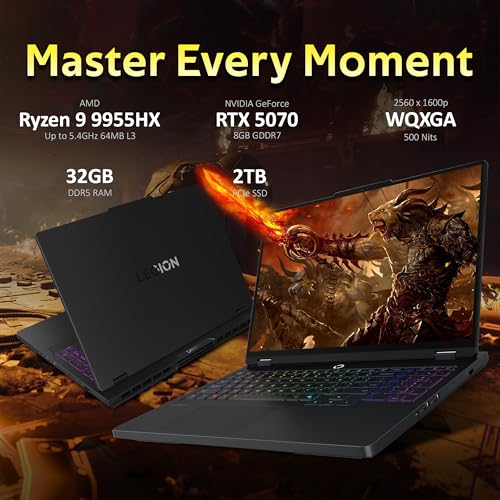 Image of Lenovo Legion Pro 5 16 inch WQXGA 165Hz Gaming Laptop, AMD Ryzen 9 9955HX, NVIDIA GeForce RTX 5070, 32GB DDR5, 3TB Storage (2TB SSD+1TB Docking Station Set), RGB Backlit Keyboard, Windows 11 Pro, Black