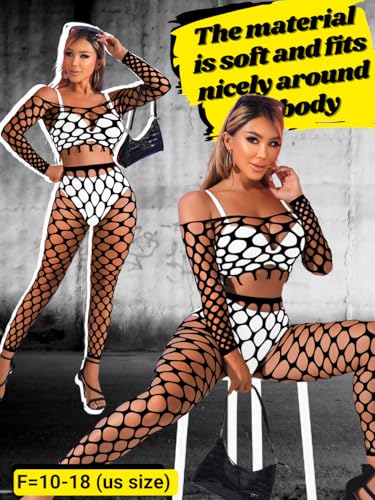Kaei&Shi Sexy Fishnet Bodysuit Stockings,Hollow Out Rave Outfits,2 Piece Mesh Top Set,Club Outfit Exotic Dancewear4