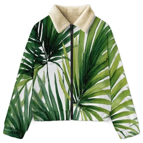 Chaqueta de invierno para mujer con forro polar y estampado de hojas de palma 3