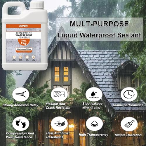 Image of ZEVON 1KG Transparent Waterproof Glue | Roof Leakage Sealant with Brush | Crack Seal Water Leakage Solution Indoor Outdoor, Waterproof Adhesive Sealant for Bathroom Pipe Wall Tile Surface Window