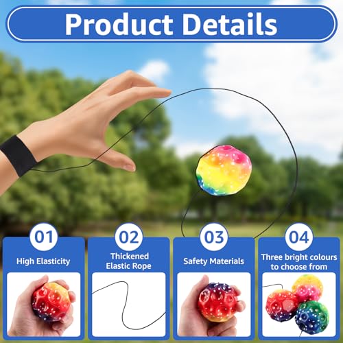 CYEER 12er Set Handgelenk-JoJo Bälle mit Schnur – 6,3cm Bunte Springbälle mit verstellbarem Armband – Ideale Mitgebsel für Kindergeburtstag, Koordinationstraining & Stressabbau – Regenbogen-Design