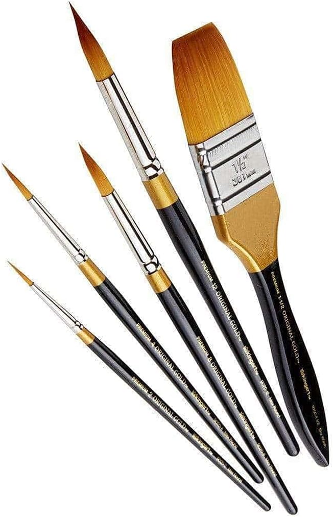 KINGART Original Gold Series Premium Golden Taklon Multimedia Artist Brushes, Painting Tools for Oil, Acrylic, Watercolor and Gouache, Gift Box, Set of 5
