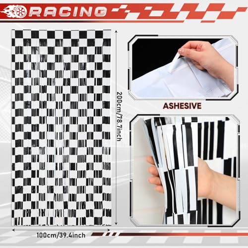 Image of WovWeave 2 Pack Race Car Foil Fringe Curtains Black and White Checkered Backdrops Streamers Cars Birthday Party Decorations Photo Booth Props for Racing Car One Happy Dude Party Decorations Supplies