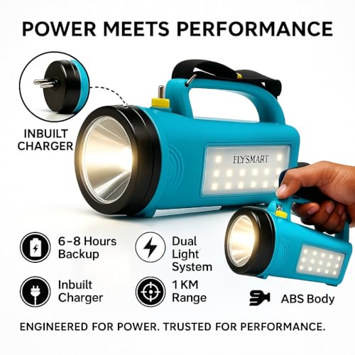Image of Flysmart Bullet Dau Long Range LED Searchlight, Heavy Duty Emergency Torch with Powerful Focus Beam, Front Spotlight + Side LED Light, Free Flora AA Torch