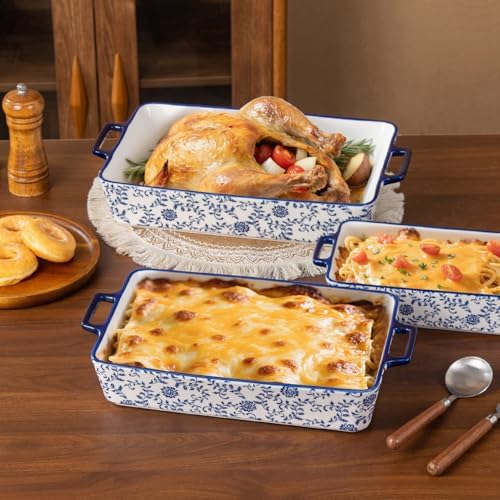 Ceramic Bakeware Set - Casserole Dish Baking Dishes for Oven - Rectangular Lasagna Pans with Handles for Kitchen Cooking - Microwave & Dishwasher Safe - Set of 3 (15.1''/13.6''/9.9'') - Blue