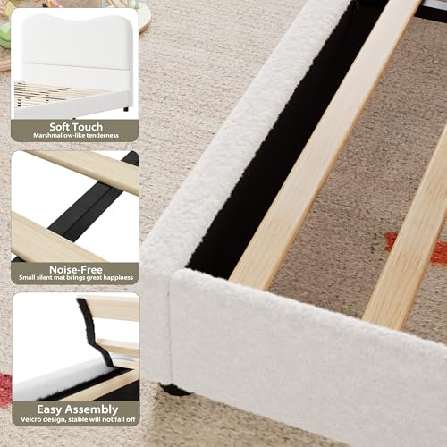GarveeHome Full Size Bed Frame for Kids with Velvet Upholstered Headboard, Cute Low Profile Platform Bed for Girls and Boys, No Box Spring Needed, Strong Wooden Slats, Noise Free, Easy Assembly, White
