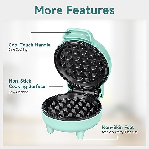 SNAILAR Piastra per Waffle, Mini Macchina per Waffle, 550W Waffle Maker con Rivestimento Antiaderente, Temperatura Automatica, Design Compatto, Verde - immagine 5