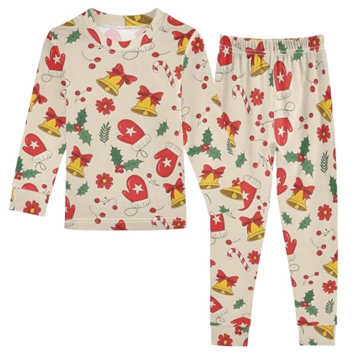 Pajama Sets Long Sleeve Christmas Pattern with Glove Bells Soft Comfy Sleepwear 2 Piece PJS 3-8T