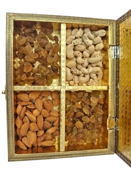 Swarahandier Radhe Krishna Gold-Plated Dry Fruit Box | Traditional Tambul Box Sauf Supari Box 4 Section Empty Dry Fruits Storage Box Oxidized Decorative Sweets Mukhwas Sopari Gift Box 2