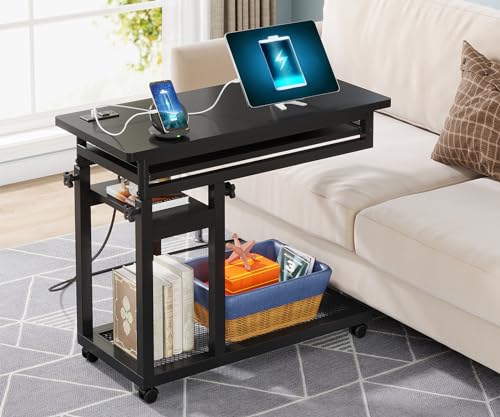 Tribesigns Small Portable Desk with Power Outlet, Height Adjustable Sofa Couch Bedside Laptop Table with Wheels, Mobile Standing Desk Rolling Computer Cart C Side Table with USB Ports