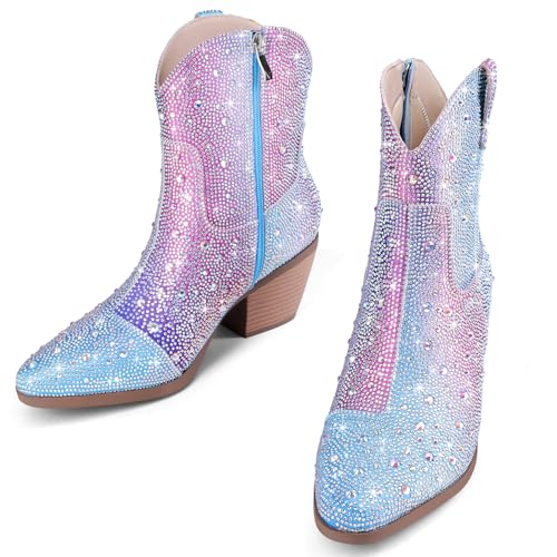 Image of Rhinestone Cowboy Boots for Women Sparkly Ankle Cowgirl Boots | Short Sparkly Boots, Glitter Booties for Women, Festival Country Concert Boots, Pointed Chunky Heel Boots with Zip Up