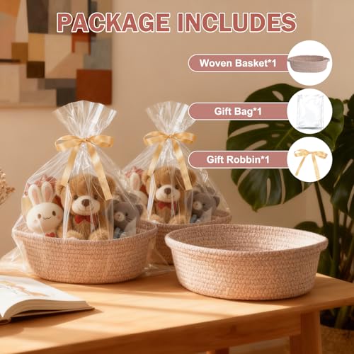 Image of Small Basket with Gift Bags and Ribbons,Small Woven Basket Cute Oval Cotton Rope Gifts with Handle Empty Baby Wicker Storage Basket for Baby Showers Pet Toy Bin (4 Pack (12 inchx 8 inchx 3.74 inch))