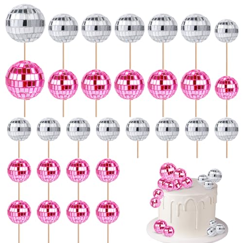 30pcs Disco Ball Cupcake Toppers 70s Retro Cake Decorations with Stick Shiny Mini Disco Ball Picks Disco Theme Party Supplies for Dessert Birthday Decor Ornament (Pink Silver)
