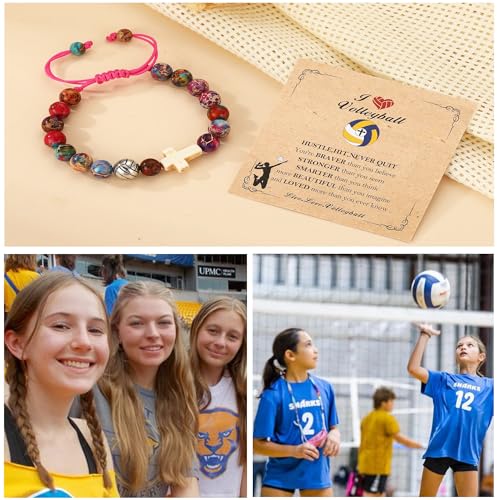 Image of Softball /Soccer /Volleyball /Basketball /Baseball /Football Sports Gifts for Girls Teens Natural Stone Beaded Cross Bracelets Christian Religious Game Day Jewelry Gift