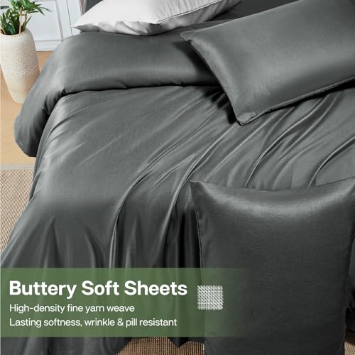 MR&HM Twin XL Sheets Set, 3-Piece Cooling Sheets, Rayon Derived from Bamboo & Polyester Blend, Soft & Silky, 15" Deep Pockets with Elastic Straps, Hotel Luxury for Hot Sleepers, Dark Grey