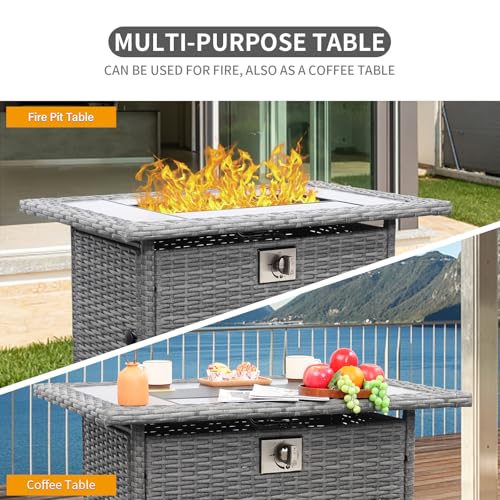 60000 BTU Wicker Gas Fire Pit Outdoor Fire Pit Table 45 Inch Fire Pits for Outside with Woodgrain Marble Tabletop Fire Pit Cover and Blue Crystal Beads - Image 6