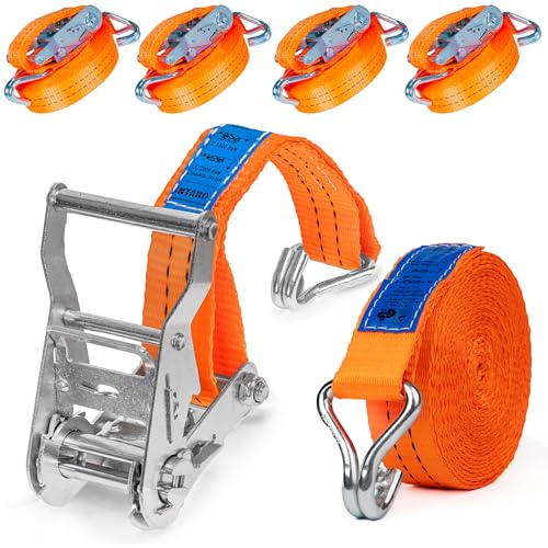 Spanngurte mit Ratsche und Haken - 4m / 6m / 8m - 2000kg 35mm - 4 Stück - Ratschen Set - Ratschengurt 2-Teilig - Zurrgurt Orange - TÜV GS Geprüft und gemäß DIN EN 12195-2 (Orange 8m)