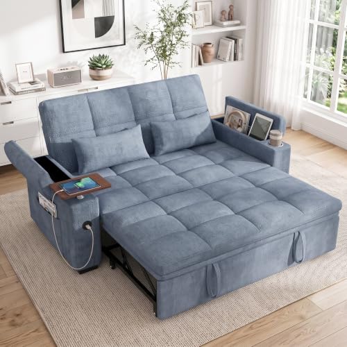 Image of Dreamzie 65'' Convertible Sleeper Sofa Bed with Swivel Side Table, Chenille Pull Out Couch for Living Room, Loveseat Sleeper Couch with Hidden Storage Space | Charging Port | Cup Holders, Blue