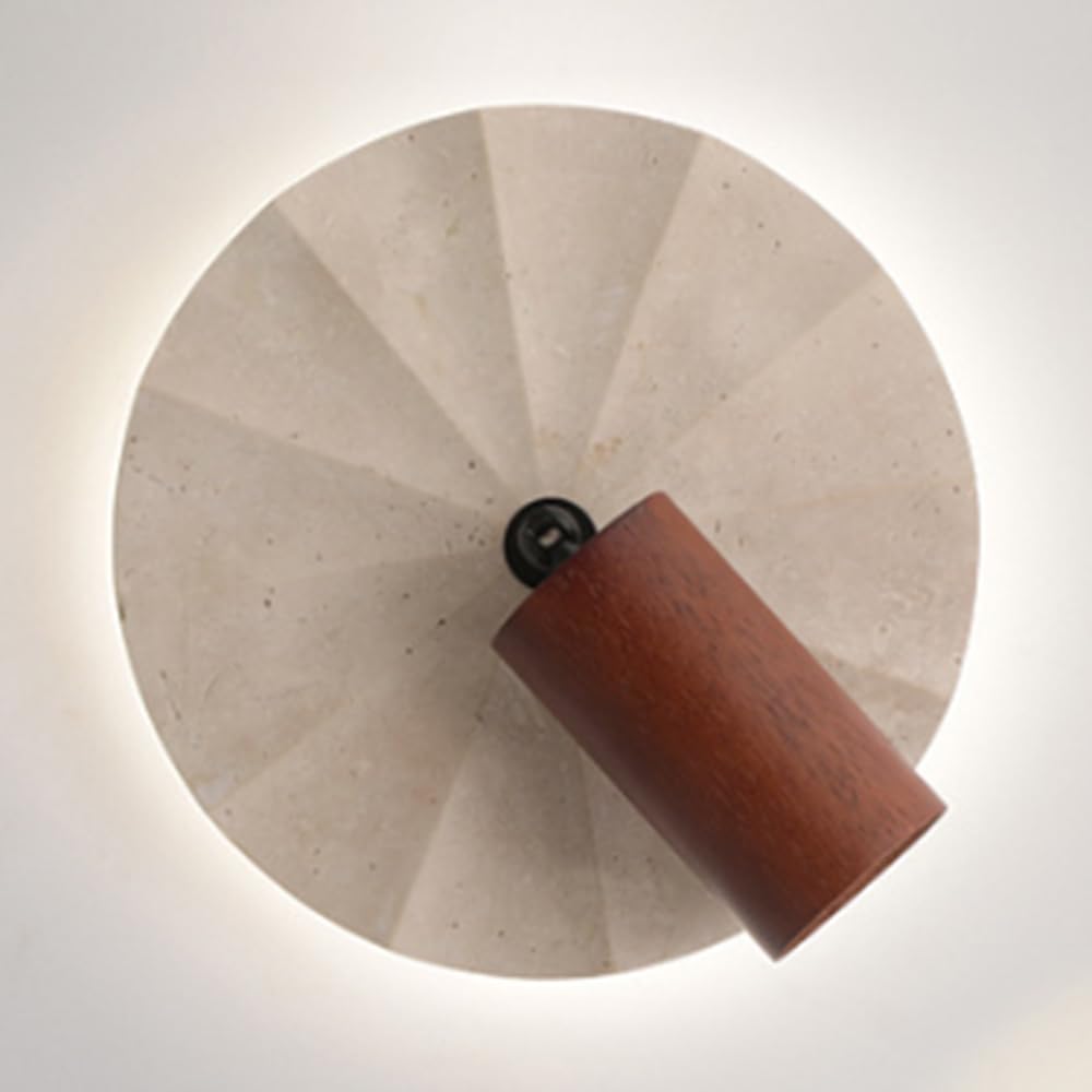 SXECAEPS Round Interior Wall Lighting Travertine Sconce, 3000K Warm Light Led Mounted for Bedroom Bedside, 350° Rotatable Wood Spotlights Stone Lamp
