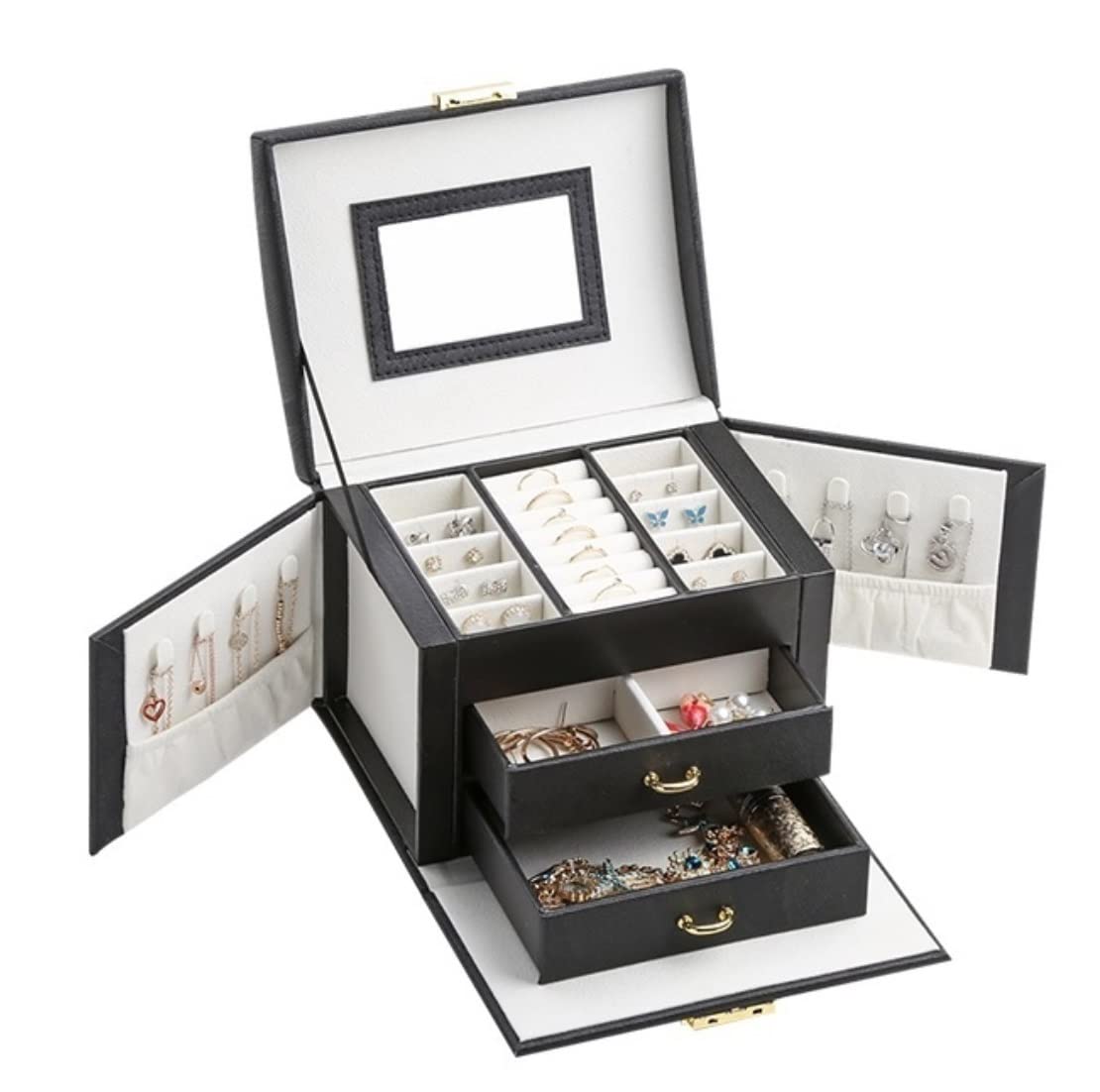 TIANQIHAO Jewelry Box Pu Leather Jewelry Box Silk Grain Portable Jewelry Box With 2 Drawers And Lock Jewelry Organizer Large Jewel Case Jewellry Holder,Black-17.5 * 13.5 * 12cm