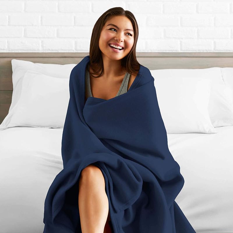 Image of 220 GSM Polar Fleece Double Bed Lightweight Plain Blanket for All Season Travel & Camping, 90x90Inch, Blue