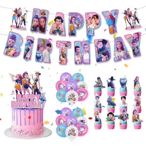 Kpop decoración de fiestas, Kpop globos de dibujos animados, Cazadores de demonios pancarta de feliz cumpleaños, decoración para tartas, 12 mini adornos y 16 globos, para fiestas de cumpleaños