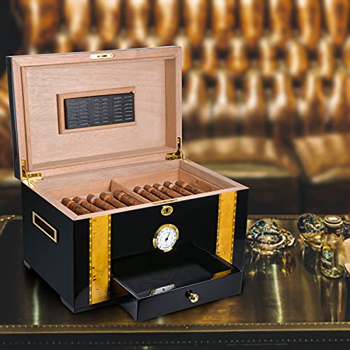 Volenx Cigar Humidor, Luxury Cigar Storage Box with Humidifier and Hygrometer, Spanish Cedar Wood Interior Desktop Humidor Case with Lock and Drawer, Holds 100 Cigars