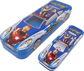 SPOCCO | Cartoon Printed Car Shape Metal Pencil Box with Small Car for Boy and Girl (Color and Print May Vary) PC03