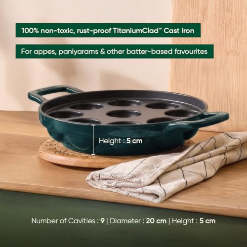 Image of Ember TitaniumClad Cast Iron Appe Pan 20 cm with Glass Lid | 9 Cavities | Rust-Proof Titanium Enamel, Lesser Seasoning Paniyaram Pan | Low-Oil Paddu Maker | Teal