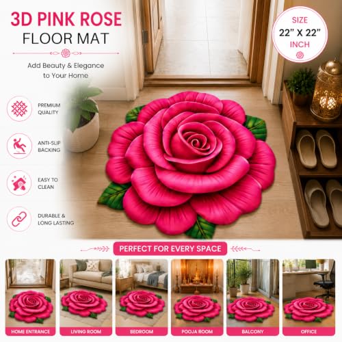 Image of 3D Rose & Floral Door Mat | Water Absorbent, Anti-Skid, Machine Washable Floor Mat | Soft Microfiber Carpet for Home, Living Room & Bedroom | Premium Decorative Mat (22x22 Inch) (Pink, Rose)