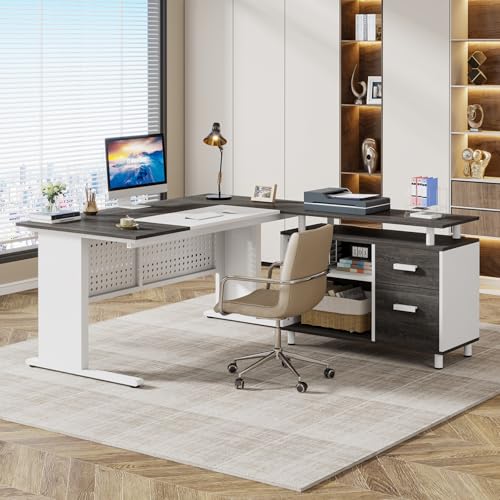 Image of Tribesigns 63 Inch Executive Desk with File Cabinet, L Shaped Office Desk with Drawers and Storage Shelves, Business Furniture Set Workstation for Home Office, Gray and White