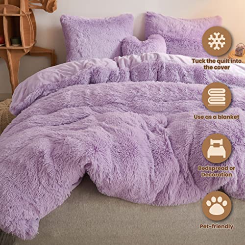 Mego Luxury Shaggy Plush Duvet Cover Set, Soft 3 Pieces Fluffy Faux Fur Comforter Cover Set, Fuzzy Bedding Set Lavender Lilac(1 Furry Duvet Cover + 2 Pillow Shams), Zipper Closure(Queen, Orchid) #TOP1