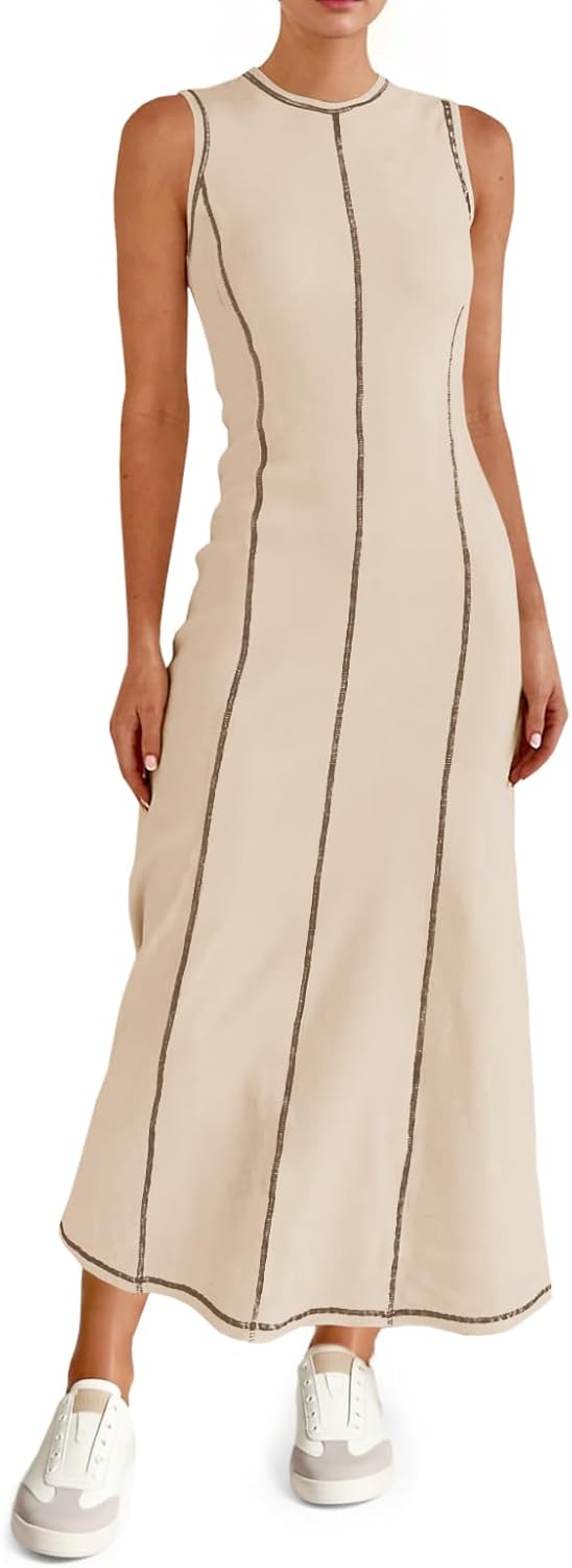 Wenrine Womens Tank Maxi Dress Sleeveless Crew Neck Knit Ribbed Summer Contrast Stitch Dresses