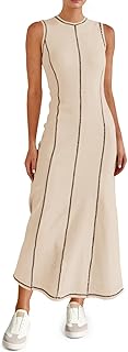 Wenrine Womens Tank Maxi Dress Sleeveless Crew Neck Knit Ribbed Summer Contrast Stitch Dresses Global Recycled Standard Global Recycled Standard Global Recycled Standard