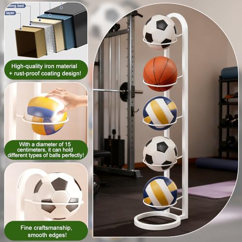 WEFHEF 5 Stufiger Ballständer, Balllagerregal Vertikale Ballregal Abnehmbare Ballaufbewahrungsregal Ballhalter aus Metall Ballhalterung Stehend Basketball Holder Ball Storage Rack (Weiß)
