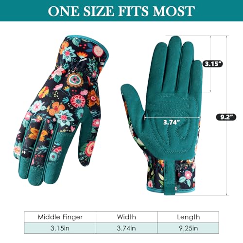 Garden Gloves for Women - Breathable leather Floral Gardening Gloves with Grip, Thorn-Proof Puncture-Resistant Work Gloves for Weeding, Digging, Planting, Raking and Pruning, Green - Black Flower