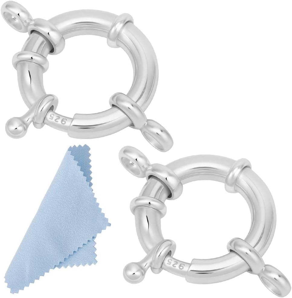 Beebeecraft 1 Box 2Pcs Spring Ring Clasps 925 Sterling Silver 15mm Round Closed Ring Clasps Smooth Surface Clasp Connector Findings with Polishing Cloth for DIY Jewelry Making