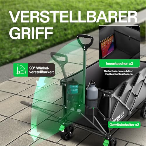 VIVOSUN 200L XXL Bollerwagen Faltbar mit Bremsen, 136kg Tragkraft, Klappbarer Handwagen mit 360°drehbare Räder für alle Gelände, Gartenwagen für Camping, Garten, Sport, Picknick, Einkaufen, Schwarz – Bild 7