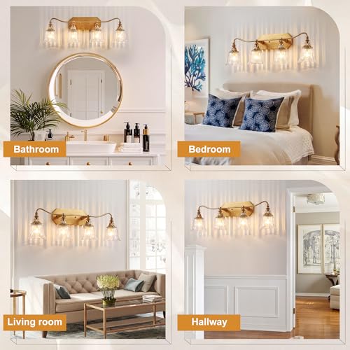 Image of LmnLvn Brushed Gold 4-Light Bathroom Light Fixture, Crystal Glass Shade
