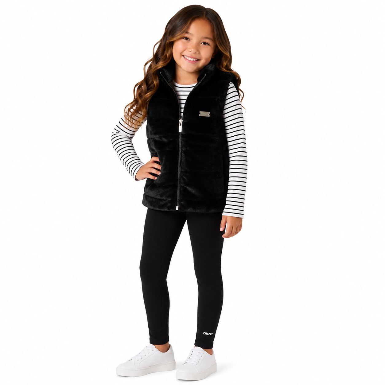 DKNY Girls 3 Piece Puffer Vest Shirt and Flare Leggings Set