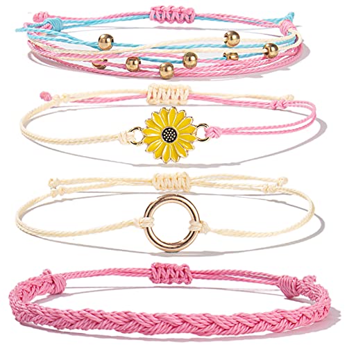 Image of Stackable Sunflower String Bracelets Cute Boho Braided Summer Beach Jewelry
