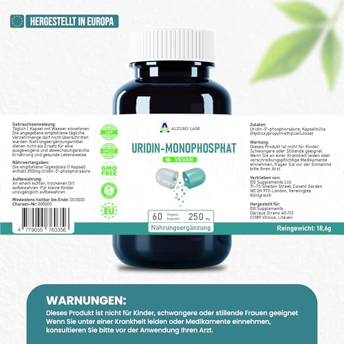 Alzuro Labs Uridinmonophosphat | 250 mg | Hochdosiert, ein Inhaltsstoff | 60 vegane Kapseln | 2-Monats-Vorrat...