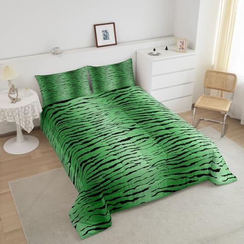 Image of Feelyou Kids King Green Black Bedding Set for Boys Girls - Zebra Stripes Wildlife Comforter Duvet Set With 2 Pillow Cases