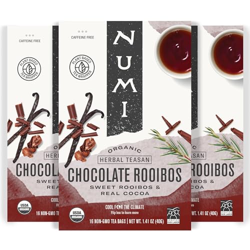 Numi Organic Chocolate Rooibos Tea, 16 Tea Bags (Pack of 3), Red Tea with Cocoa, Honeybush & Vanilla (Packaging May Vary)