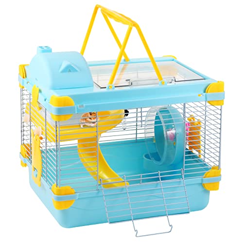 Misyue Dwarf Hamster Travel Portable Carrier Cage 2-Floors Syrian Hamster Home House Rodent Habitat Cage for Dwarf Hamster,Ferrets